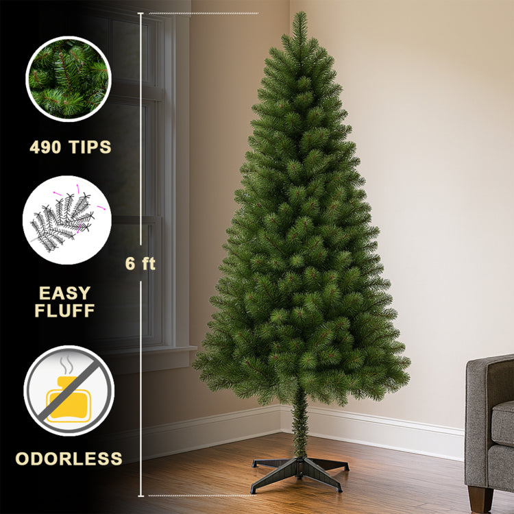 6Ft Unlit Artificial Christmas Tree With 490 Tips, Pvc Full Branches, Classic Green Holiday Tree With 4 Leg Plastic Stand For Indoor Home Decoration