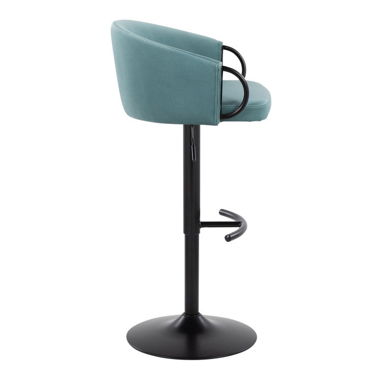 Contemporary Adjustable Barstool With Swivel In Black Metal And Light Blue Velvet With Rounded T Footrest Set Of 2