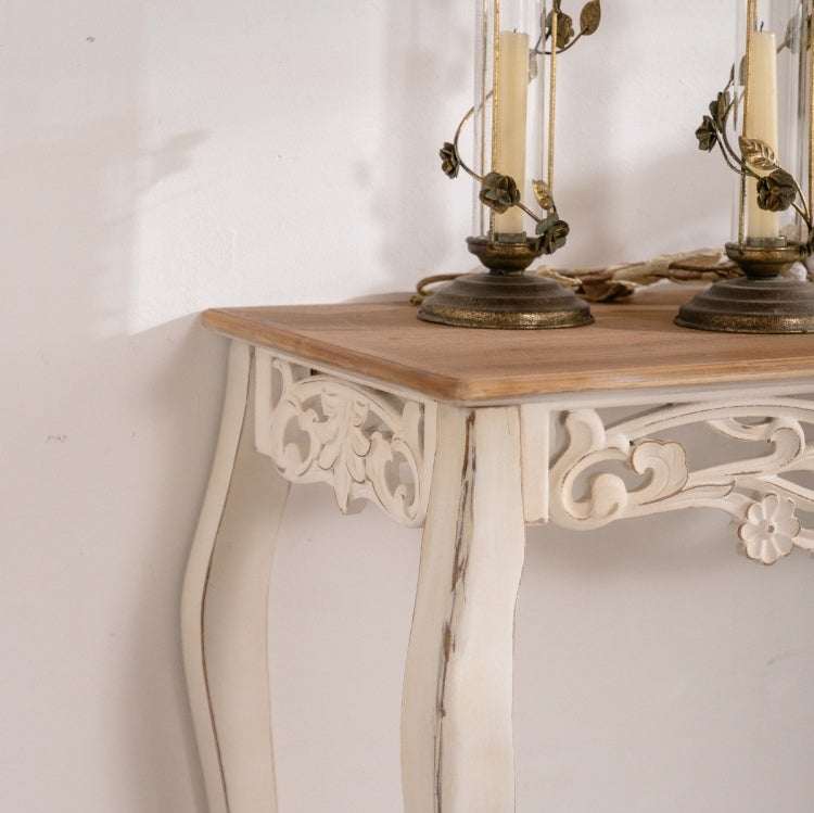 43.31" French Country Carved Console Table Antique White Distressed Solid Wood & Mdf Entry Table With Curved Legs For Hallway Living Room