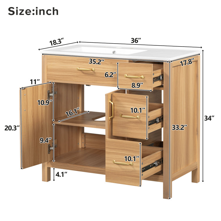 36" Wood Bathroom Vanity With Solid Wood Frame, 2 Soft Close Doors, 3 Soft Close Drawers, Adjustable Shelf, Modern Storage Cabinet For Small Bathrooms
