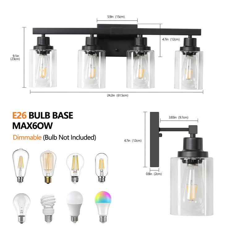24" Modern Black 4 Light Bathroom Vanity Light Fixture, Industrial Wall Sconce With Clear Glass Shades For Mirror, Bathroom, Bedroom, And Hallway No Bulbs