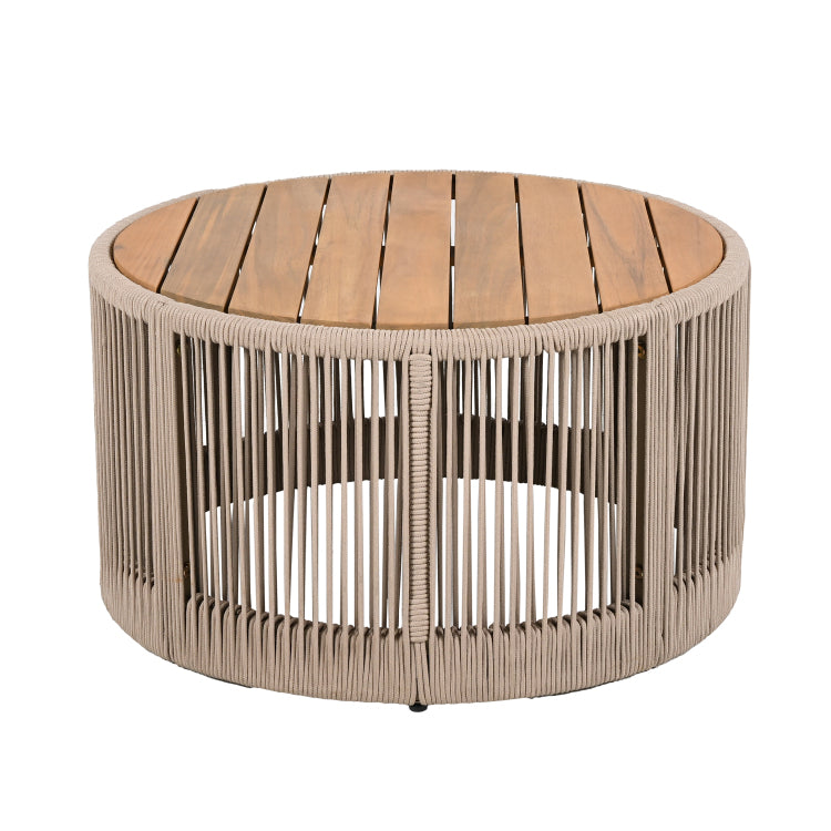 Outdoor Rattan Rope & Acacia Wood Coffee Table Patio Balcony Furniture For Garden, Yard, Balcony Weather Resistant Rope Beige, Natural Iron