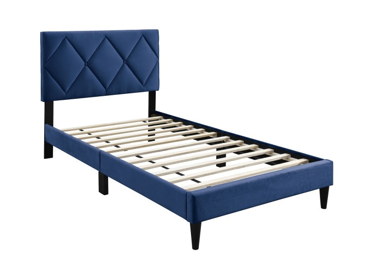 Twin Size Bed W Adjustable Headboard 1Pc Bedframe, Navy Blue Velvet Upholstered Youth Bedroom Furniture