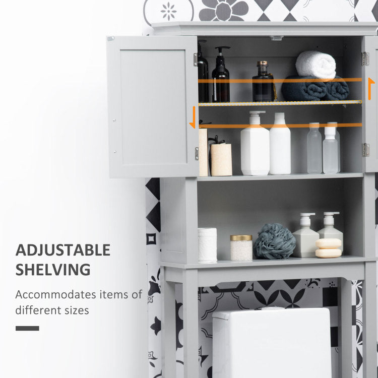 Kleankin Modern Over The Toilet Storage Cabinet, Double Door Bathroom Organizer With Inner Adjustable Shelf And Open Shelf, Grey