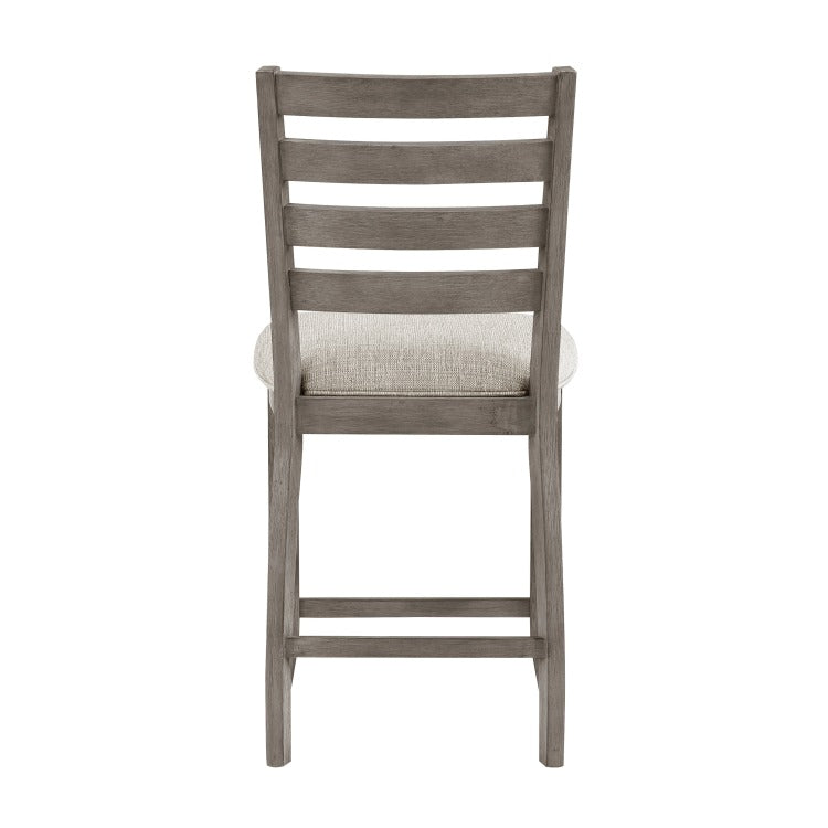 Trea 26 Inch Counter Height Chair, Ladder Back, Polyester, Gray Wood, Set Of 2