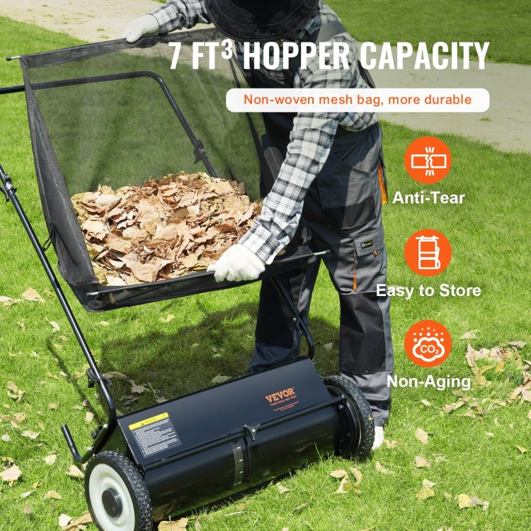 Push Lawn Sweeper, 26 Inch Leaf & Grass Collector, Strong Rubber Wheels & Heavy Duty Thickened Steel Durable To Use With Large Capacity 7 Ft Mesh Collection Bag, 4 Spinning Brushes