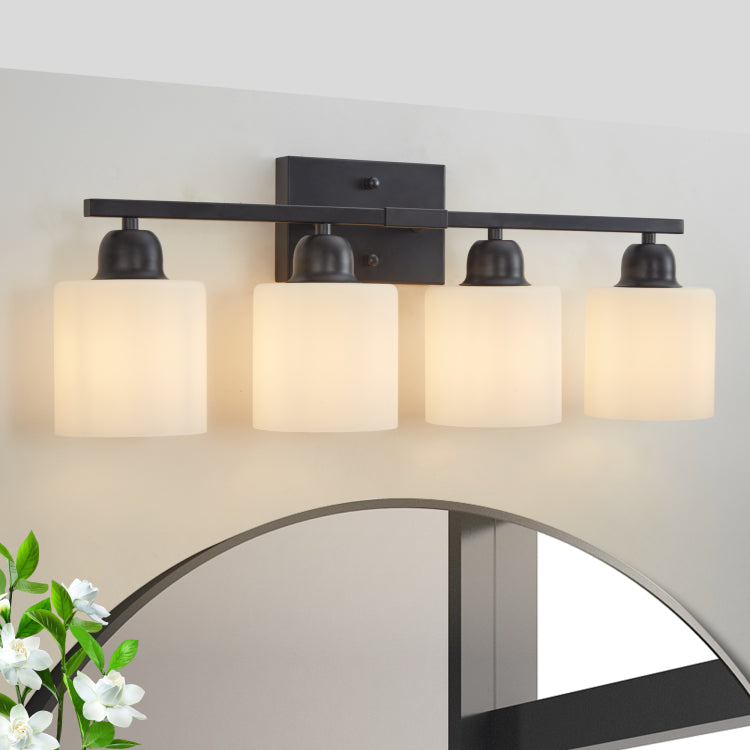 Black Bathroom Light Fixtures, 4 Light Modern Vanity Light Over Mirror, Wall Sconces With Milky White Frosted Glass Shades, E26 Socket Bulbs Not Included