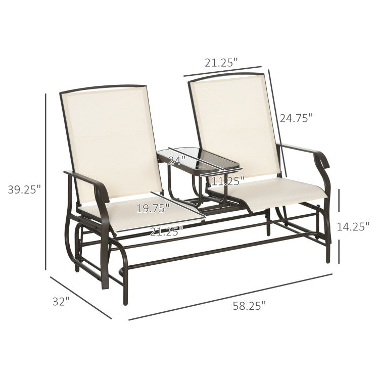 Outsunny Outdoor Glider Bench With Center Table, Metal Frame Patio Loveseat With Mesh Fabric And Armrests For Backyard Garden Porch, Beige
