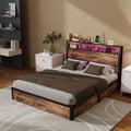 Full Size Rustic Brown Hydraulic Lift Storage Bed Frame Metal Noise Free Structure Rgb Led Lights Usb Type C Charging Station, No Box Spring Needed