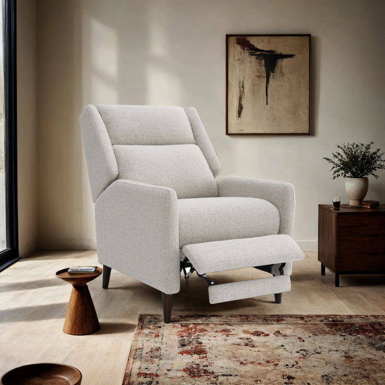 Mid Century Modern Pushback Manual Recliner Tapered Legs Linen Textured Fabric High Back Subtle Channel Detail Beige Finish Primary Living Room