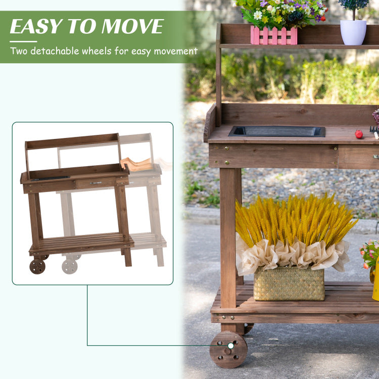 Outsunny 36'' Wooden Potting Bench Work Table With 2 Removable Wheels, Sink, Drawer & Large Storage Spaces, Brown