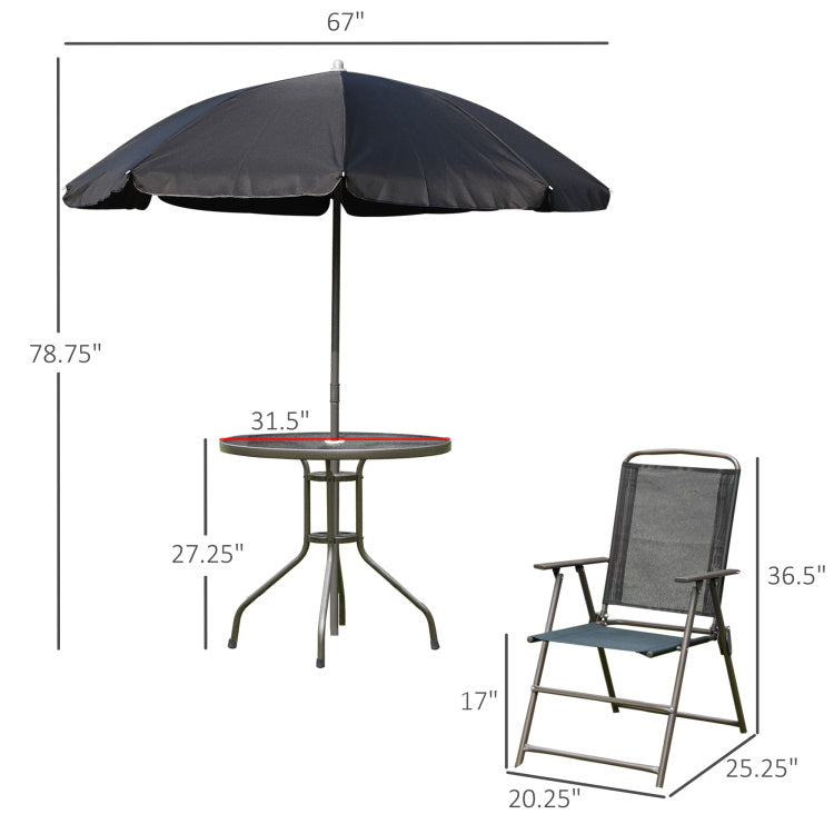 Outsunny 6 Piece Patio Dining Set For 4 With Umbrella, Outdoor Table And Chairs With 4 Folding Dining Chairs & Round Glass Table For Garden, Backyard And Poolside, Black