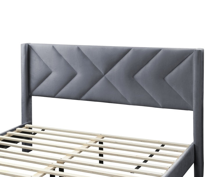 Elegant Modern Gray Velvet Upholstered Queen Size Bed Clean Lines Design Headboard 1Pc Bedframe