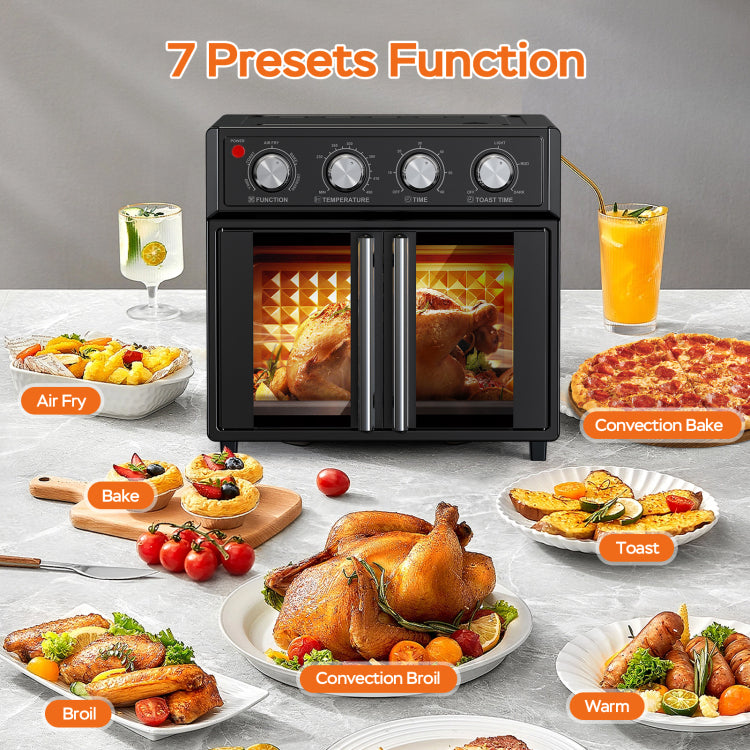 Plumchef 26Qt Large Capacity French Double Door Air Fryer Convection Toaster Oven, 1700W, 7 Preset Menus, 7 In 1 Multi Function For Bake, Roast, Grill, Toast, Dehydrate& Defrost, Stainless