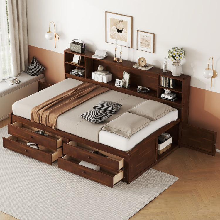 Full Size Wooden Captain Bed With Built In Storage Shelves, 4 Drawers And 2 Cabinets, Antique Brown