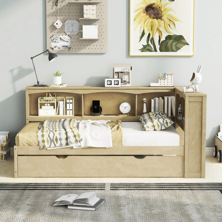 Twin Size Daybed With Trundle, Storage Cabinets And Usb Ports, Wood Color