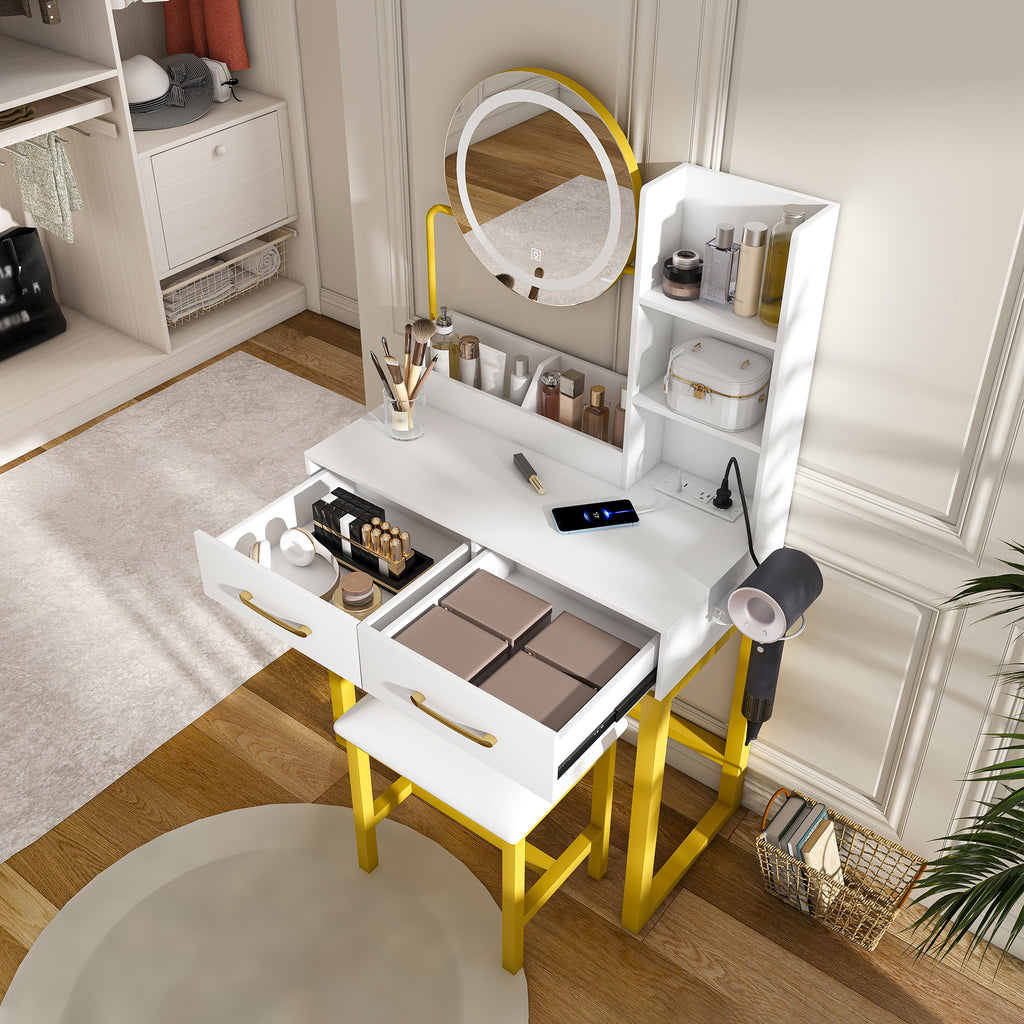 Makeup Vanity With Led Lights&3 Color And Power Outlet Makeup Vanity Table With 2 Big Drawers With Sturdy Metal Leg And Metal Chair Dressing Table For Bedroom Dressing Room White