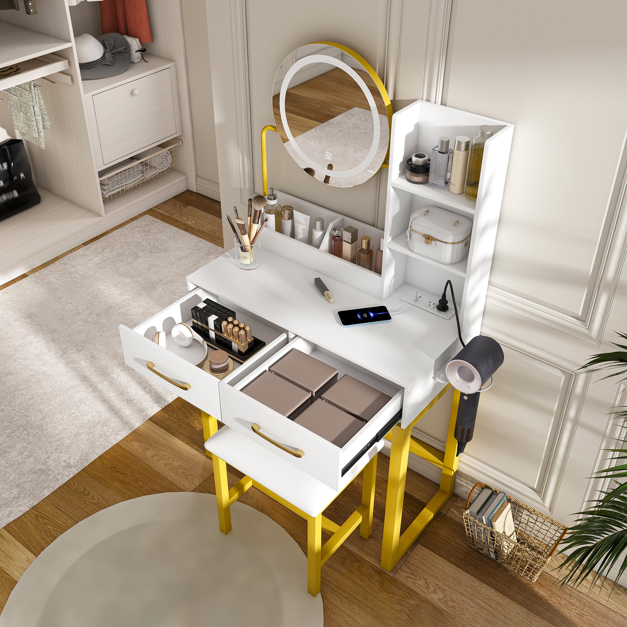 Makeup Vanity With Led Lights&3 Color And Power Outlet Makeup Vanity Table With 2 Big Drawers With Sturdy Metal Leg And Metal Chair Dressing Table For Bedroom Dressing Room White