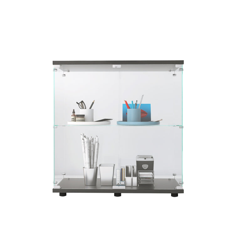 2 Layer Glass Display Cabinet With 2 Doors, Curio Cabinets, Glass Display Cabinet Showcase Countertop With Lock, Tempered Glass With Mdf Base
