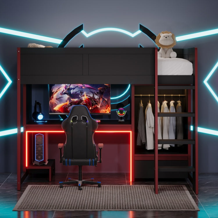 Wood Twin Size Gaming Loft Bed With Built In Desk, Wardrobe, Led And A Drawer, Black