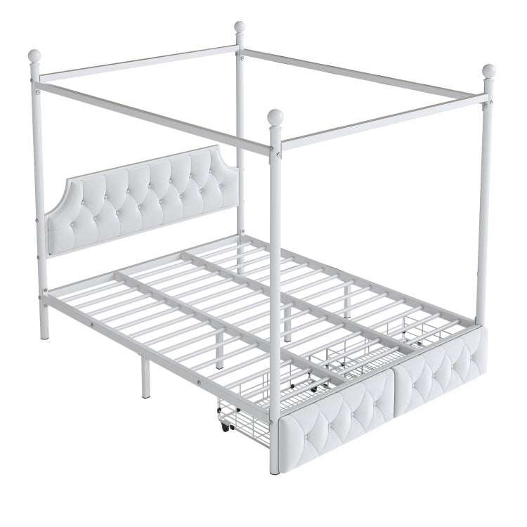 Queen Size Metal Canopy Platform Bed With Upholstered Headboard And Two Storage Drawers, White