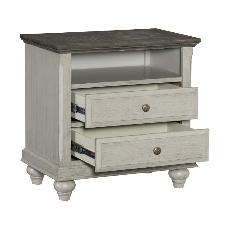 Classic Light Gray Finish 1Pc Nightstand With 2X Drawers And Storage Cubby Dark Brown Top Modern Farmhouse Design Bedroom Furniture Side Table