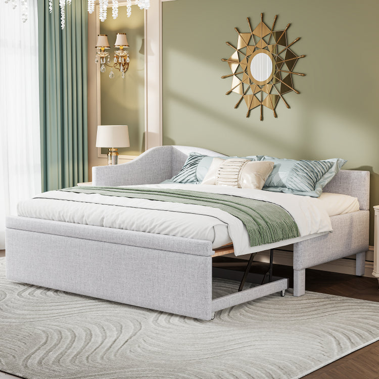 Twin Size Upholstered L Shaped Upholstered Daybed With Pop Up Trundle, Beige
