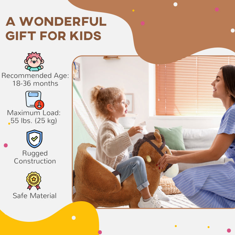 Qaba Baby Rocking Horse, Plush Animal Rocker With Sound, Wooden Base, & Safety Belt For Ages 18 36 Months, Brown