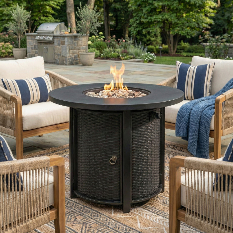 30" Propane Gas Fire Pit Table, 50000 Btu Round Steel Fire Pit For Outside Patio Deck Garden Courtyard Black