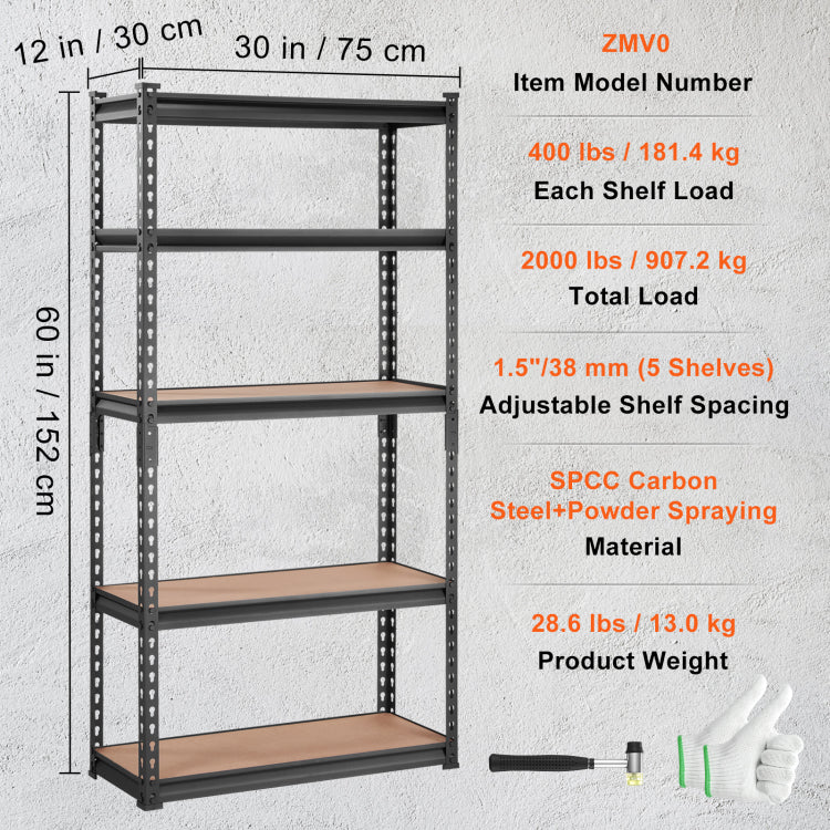Storage Shelving Unit, 5 Tier Adjustable, 2000 Lbs Capacity, Heavy Duty Garage Shelves Metal Organizer Utility Rack, Black, 30" L X 12" W X 60" H For Kitchen Pantry Basement Bathroom Laundry