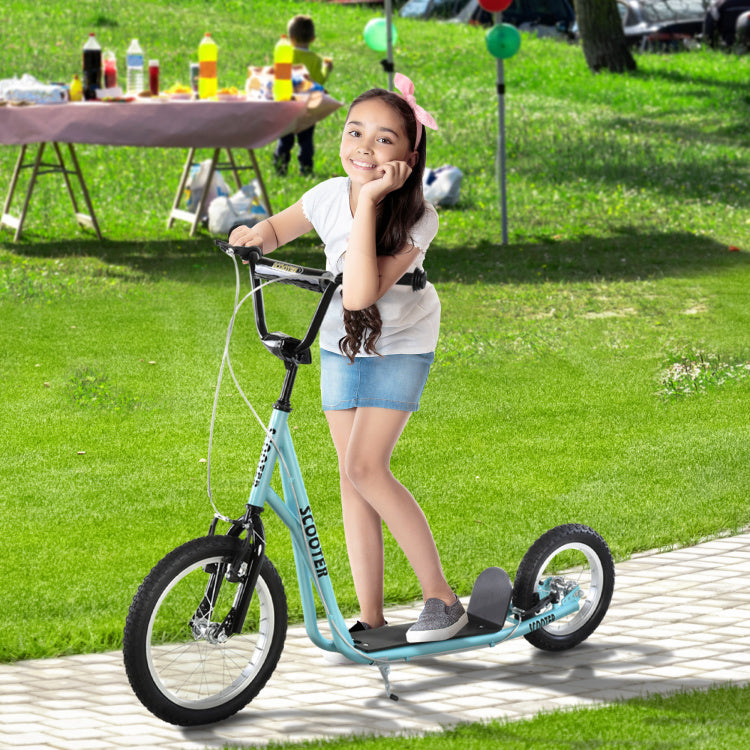 Aosom Youth Scooter, Teens Kick Scooter, Adjustable Handlebar Ride On Toy For 5 With 16" Front And 12" Rear Dual Brakes Inflatable Wheels, Blue