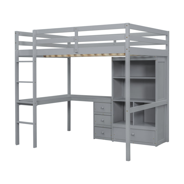 Full Size Loft Wood Bed With Desk, Storage Shelves And Drawers, Built In Ladder, High Loft Bed With Desk, Storage Shelves And Drawers,Guardrails,Grey