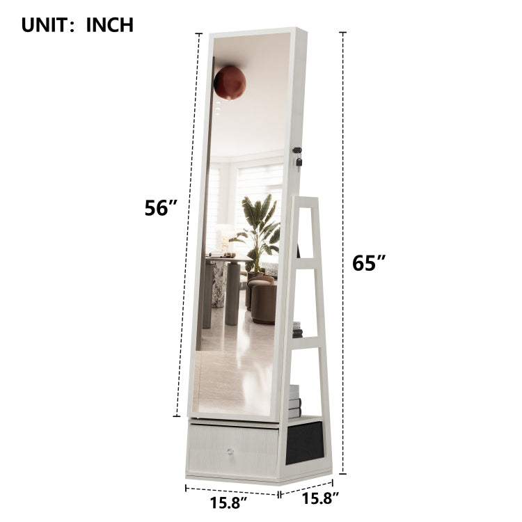 360 Swivel Jewelry Cabinet With Full Length Mirror, 360 Rotating Standing Jewelry Armoire Organizer, Lockable Storage Cabinet, Interior Lighted Mirror And Storage Drawers, White