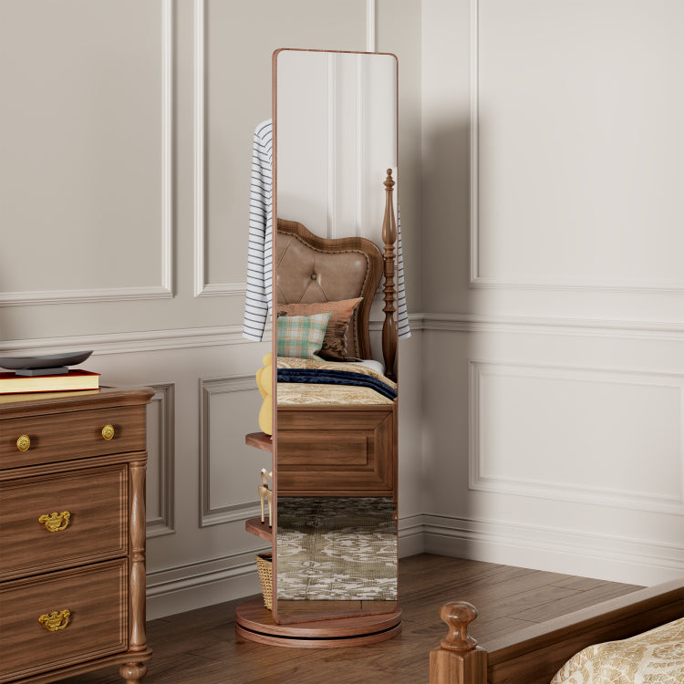 360 Rotating 66"X17.8" Multifunctional Full Length Mirror With Hook Storage Rack Coat Rack With Mirror Solid Wood Floor Mirror Bedroom Living Room Cloakroom Space Saving Walnut