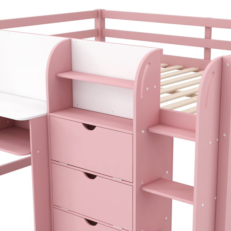Full Size Low Loft Bed With Built In Desk,Storage Cabinets And Open Bookcase,Whiteboard For Graffiti,Pink