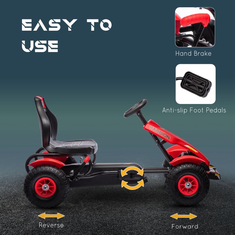 Aosom Kids Pedal Go Kart, Outdoor Ride On Toys With Adjustable Seat, Sharp Handling, Handbrake, 4 Non Slip Rubber Wheels For Boys & Girls Aged 5 12 Years Old, Red