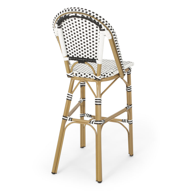 29.5" Outdoor Pe Rattan French Barstool, White And Black, Aluminum Frame With Bamboo Finish Set Of 2