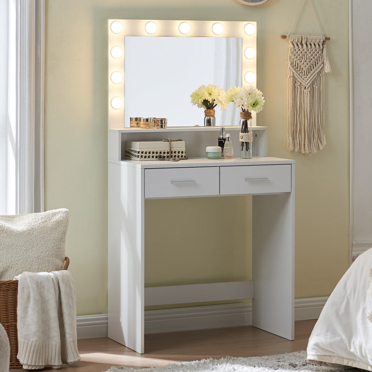Vanity Desk With Mirror And Lights, Dressing Table With Large Drawer, 2 Level Storage Dresser & 3 Lighting Modes Adjustable Brightness, Suitable For Bedroom White