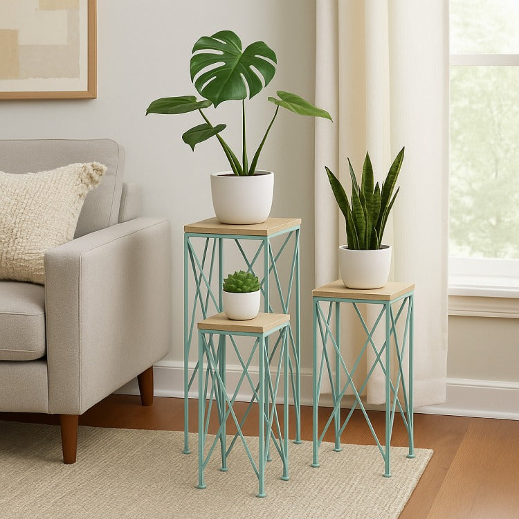Mito 3Pc Nesting Plant Stand Table, Brown Wood Top, X Cross Blue Metal