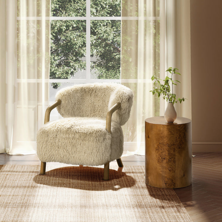 Becker 33" Rustic Oak Sheepskin Upholstered Accent Arm Chair, Taupe Beige Genuine Fur