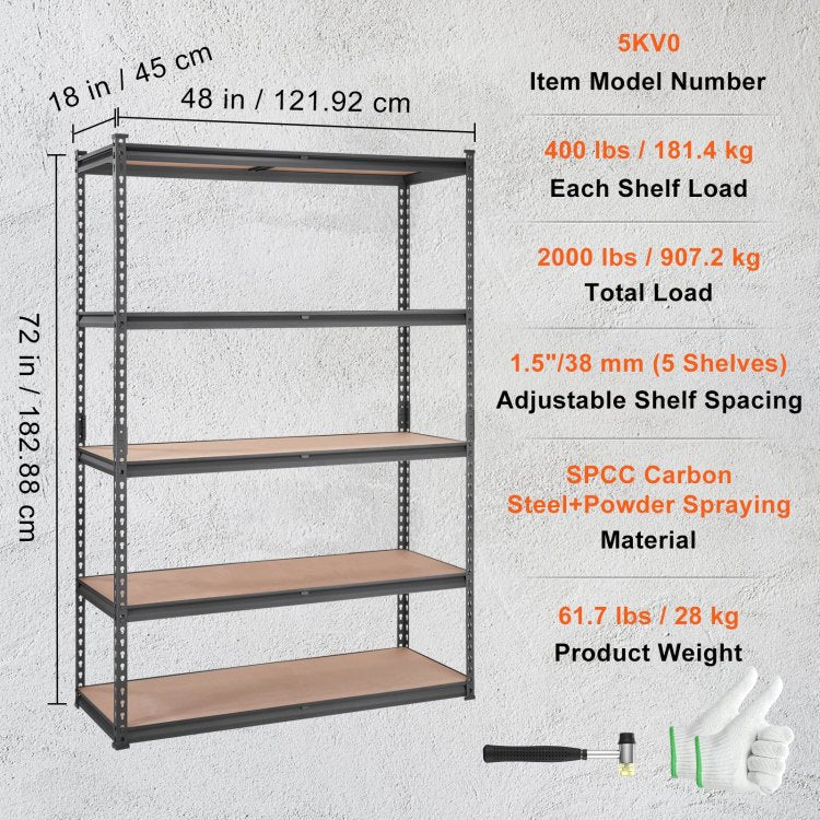 Storage Shelving Unit, 5 Tier Adjustable, 2000 Lbs Capacity, Heavy Duty Garage Shelves Metal Organizer Utility Rack, Black, 18" D X 48" W X 72" H For Kitchen Pantry Basement Bathroom Laundry