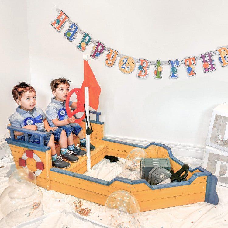 Outsunny Wooden Kids Pirate Sandbox, Outdoor Sandboat With Bench Seats, Storage, Non Woven Fabric Cloth For Backyard, Lawn
