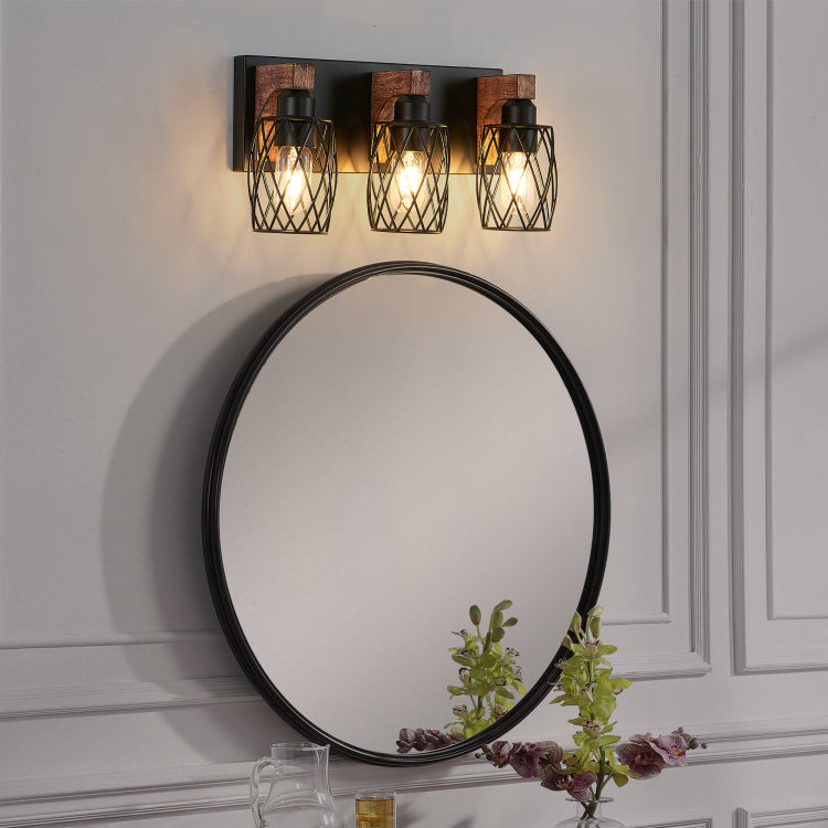 18" Industrial Vintage 3 Light Wall Sconce Black Cage Wall Lighting Fixture With Wooden Accents For Bathroom, Hallway, Or Living Room Bulb Not Included