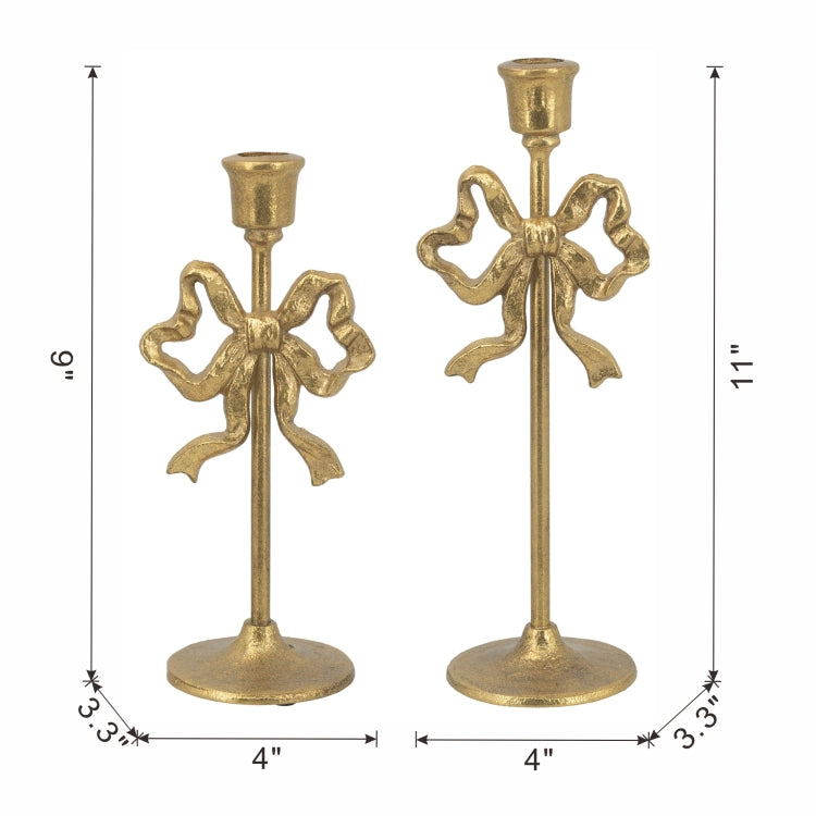 S 2 Gold Cast Iron Candle Holders With Playful Bow Design
