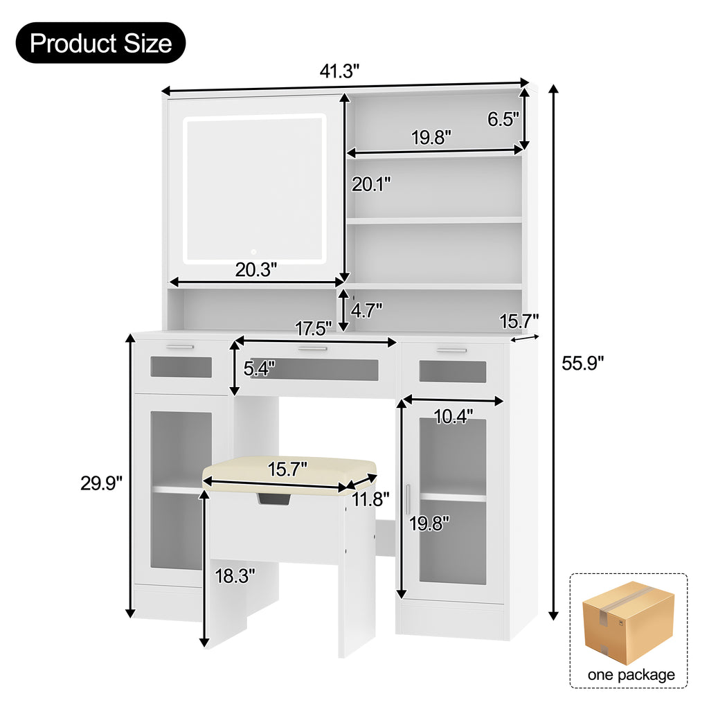 41.3" Makeup Vanity With Sliding Mirror And Led Lights, Dressing Table With Storage Stool, 3 Drawers And 2 Rgb Cabinets, Vanity Desk With Open Shelves And Charging Station, White