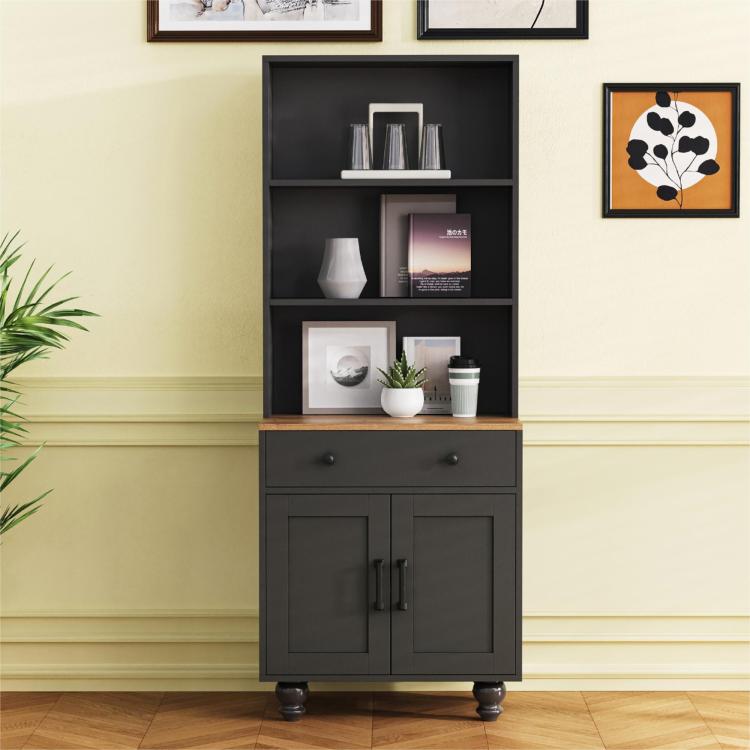 Farmhouse Storage Cabinet With 4 Solid Wood Gourd Shaped Legs, Modern Kitchen Pantry Cabinet With Adjustable Shelves, 5 Tier Bookshelf With Drawer For Living Room, Black