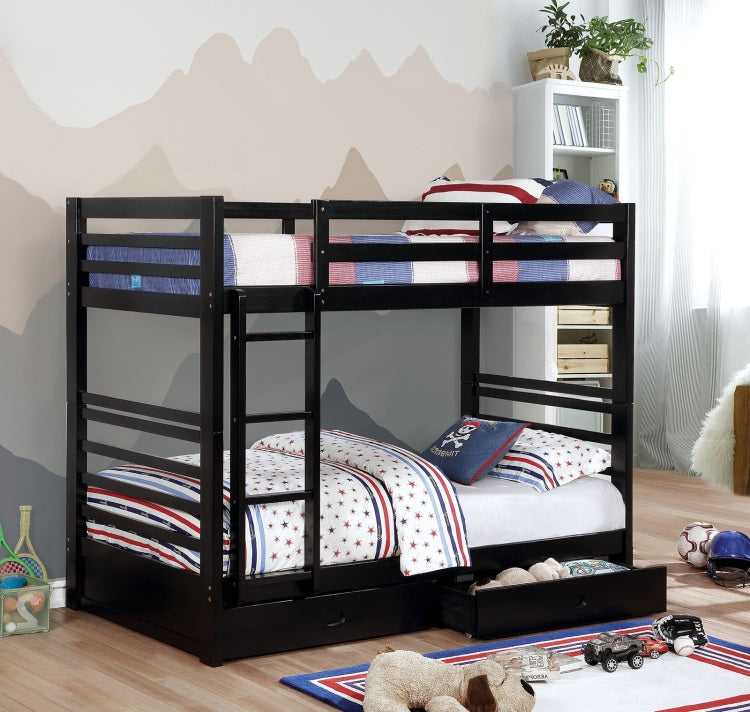 Classic Design Twin Over Twin Bunk Bed Transitional Style With Two Drawers Attached Ladder Black