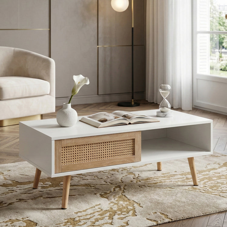 41.34" Rattan Coffee Table, Sliding Door For Storage, Solid Wood Legs, Modern Table For Living Room ,White