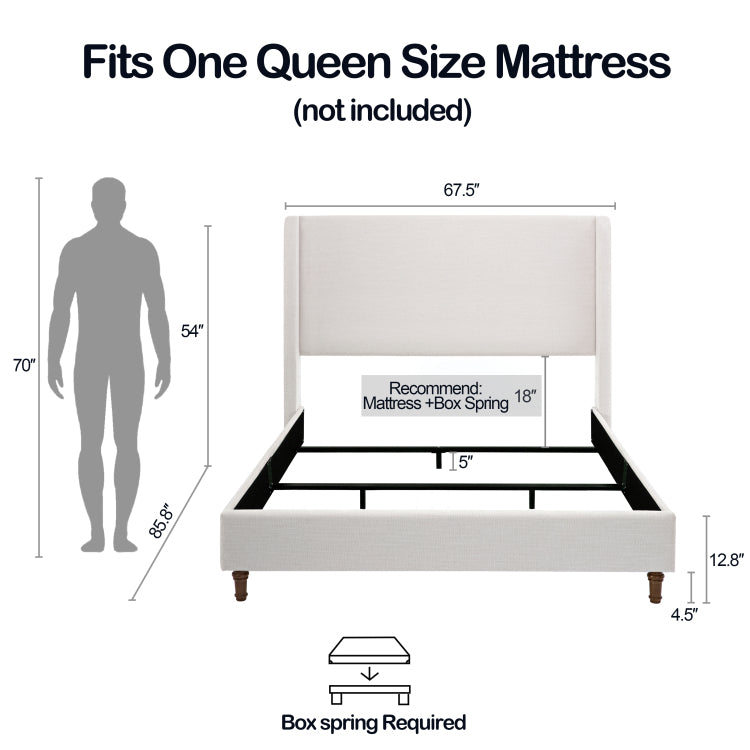 Hayden Upholstered Wingback Bed Size Queen Tall 54" Headboard Upholstered Queen Bed Without Wooden Slats Box Spring Request Queen Textured Ivory Canvas Elegant Simplicity Easy Assembly