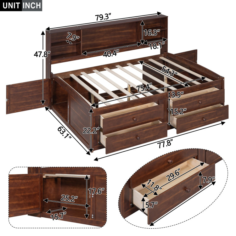 Full Size Wooden Captain Bed With Built In Storage Shelves, 4 Drawers And 2 Cabinets, Antique Brown